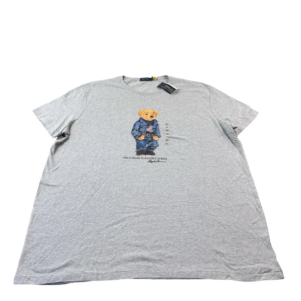 Polo Ralph Lauren Gray Polo Bear American Flag Mens Graphic Cotton Shirt 2XL NWT